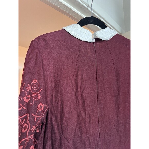 Topshop Embroidered Shift Dress Size 12 Burgundy 3/4 Sleeve Peter Pan Collar - Picture 11 of 15